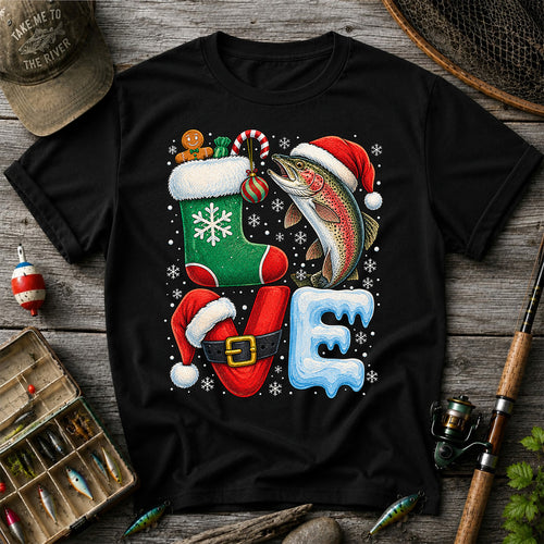 Christmas LOVE Rainbow Trout and Stocking Fishing Graphic T-Shirt