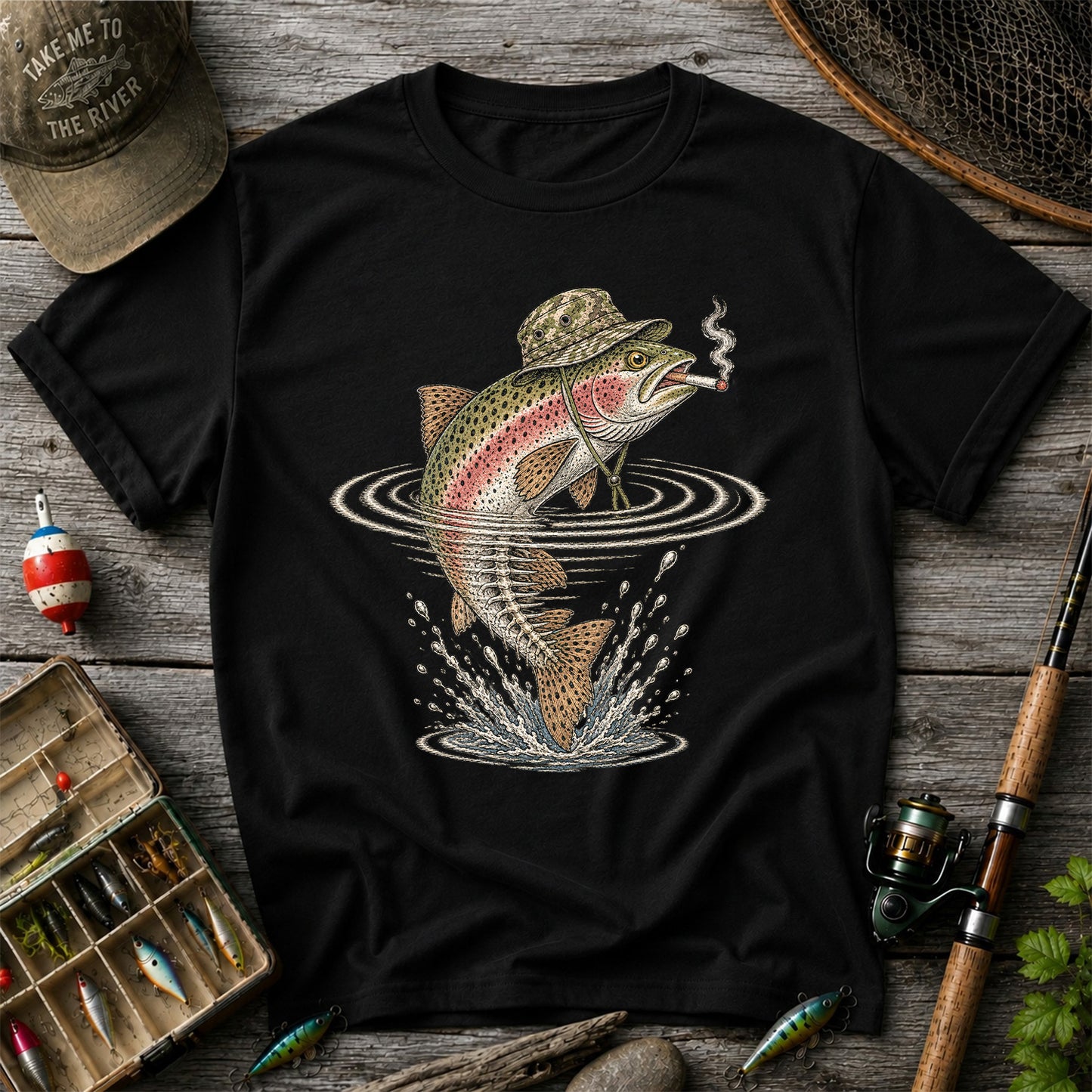 Cigar Smoking Trout in Fishing Hat Graphic T-Shirt