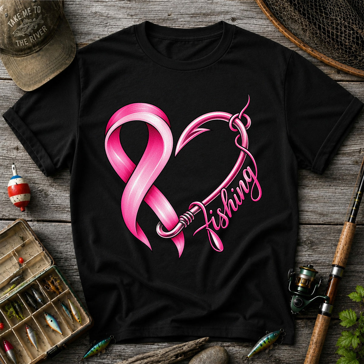 Pink Ribbon Heart Fish Hook Fishing Graphic T-Shirt