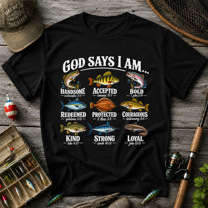 God Says I Am Christian Fish and Bible Verse Fishing Graphic T-Shirt