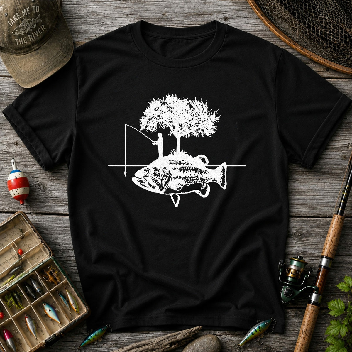 Fish and Tree Silhouette Fishing Graphic T-Shirt