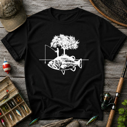 Fish and Tree Silhouette Fishing Graphic T-Shirt