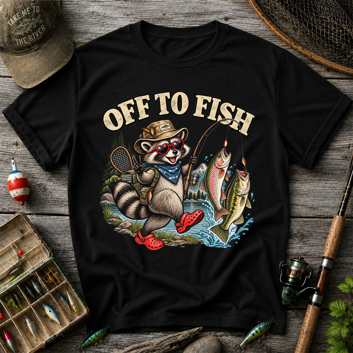 Off to Fish Raccoon with Trout and Bass Fishing T-Shirt