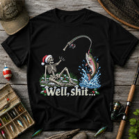 Well, Shit... Skeleton and Leaping Rainbow Trout Christmas Fishing T-Shirt