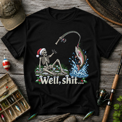 Well, Shit... Skeleton and Leaping Rainbow Trout Christmas Fishing T-Shirt