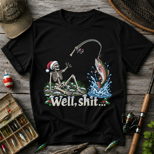 Well, Shit... Skeleton and Leaping Rainbow Trout Christmas Fishing T-Shirt
