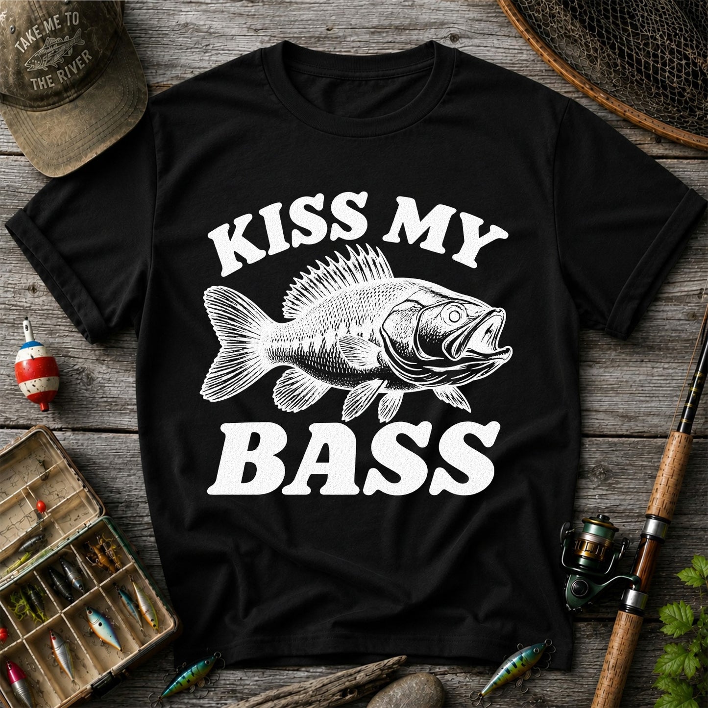 Kiss My Bass Blue Bass Funny Fishing Graphic T-Shirt