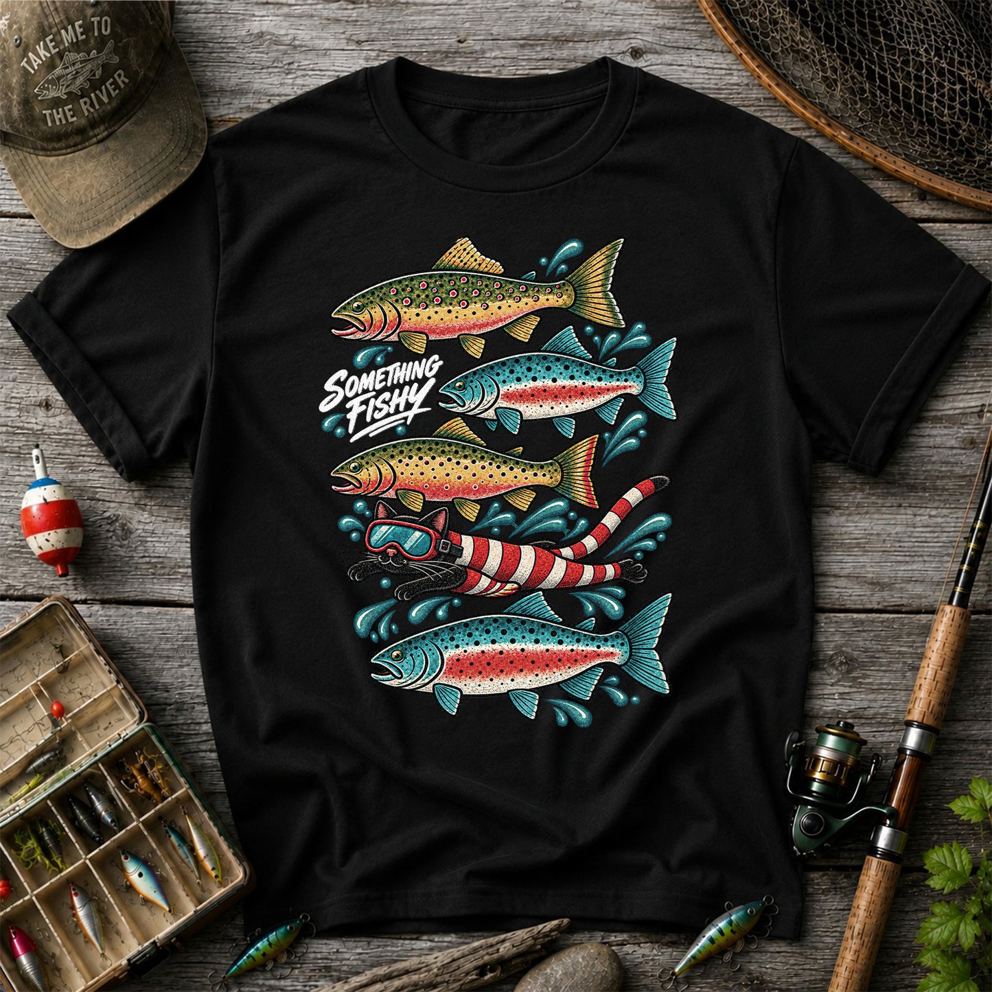 Something Fishy Trout and Snorkeler Fishing Graphic T-Shirt
