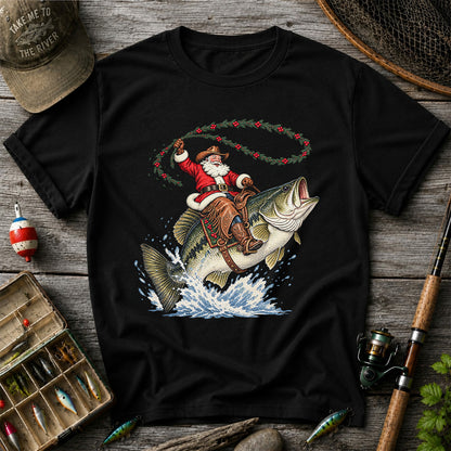 Cowboy Santa Riding a Jumping Bass Christmas Fishing Graphic T-Shirt