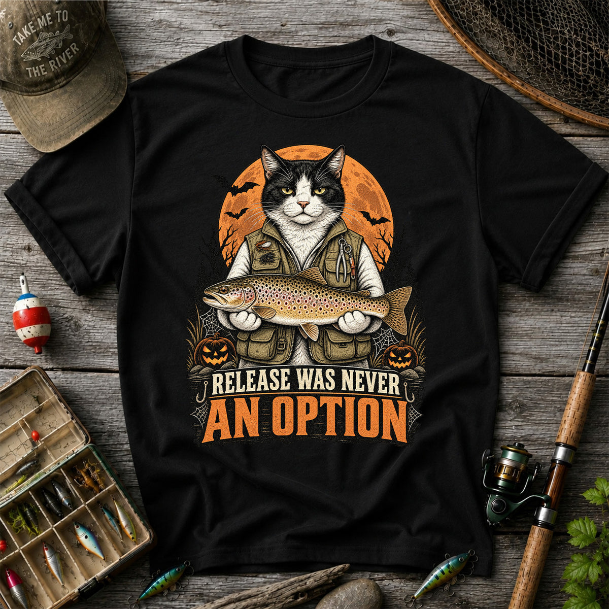 Release Was Never an Option Cat Holding Brown Trout Halloween Fishing T-Shirt