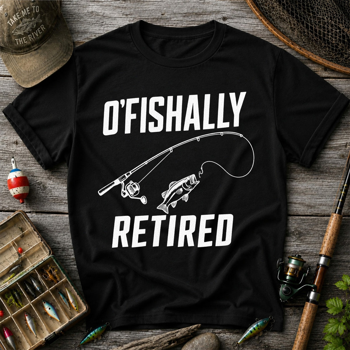 Retirement Fishing Graphic T-Shirt with Fishing Rod and Bass