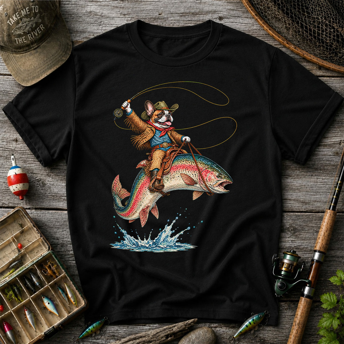 Cowboy French Bulldog Riding a Rainbow Trout Fishing T-Shirt