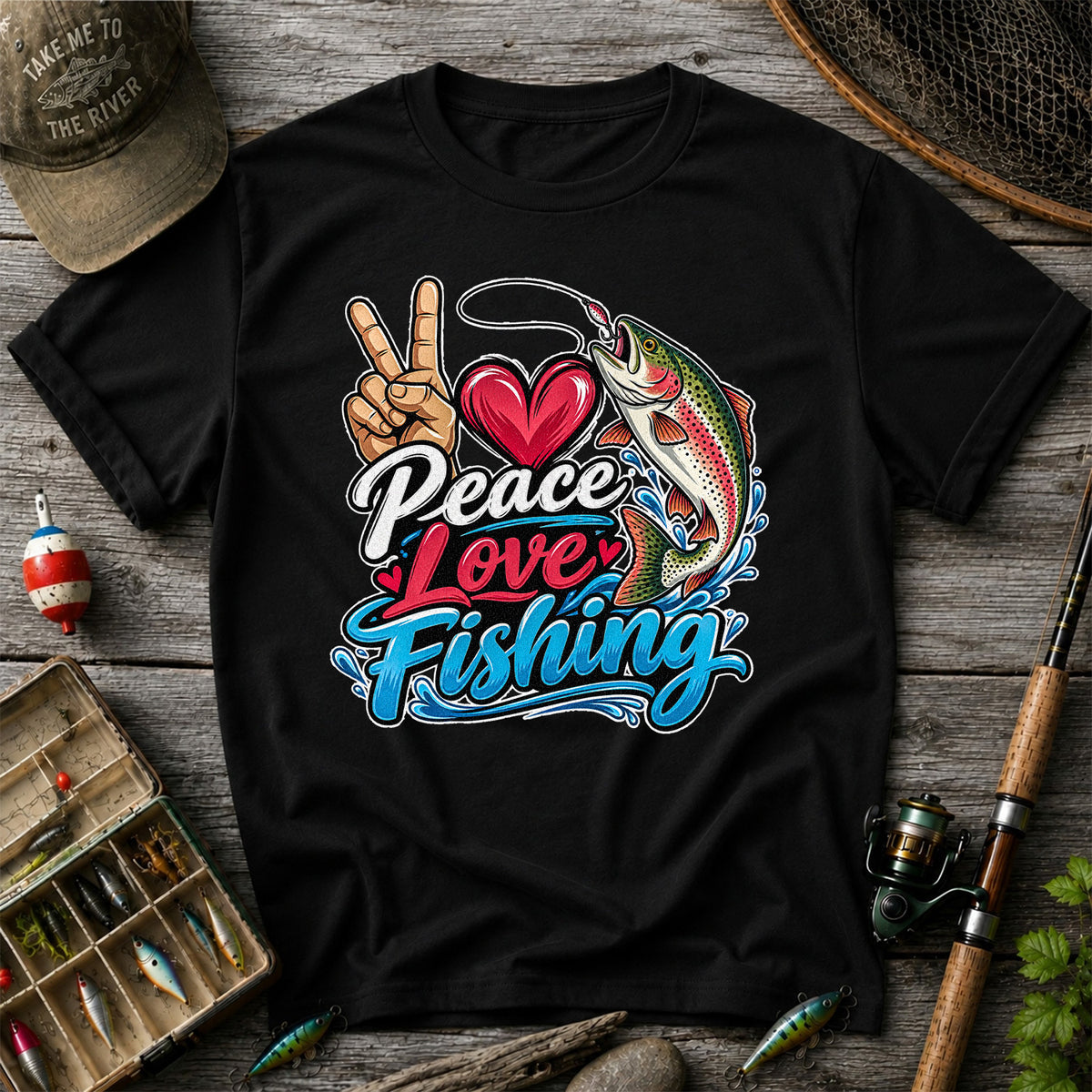 Peace Love Fishing Rainbow Trout and Heart Graphic T-Shirt
