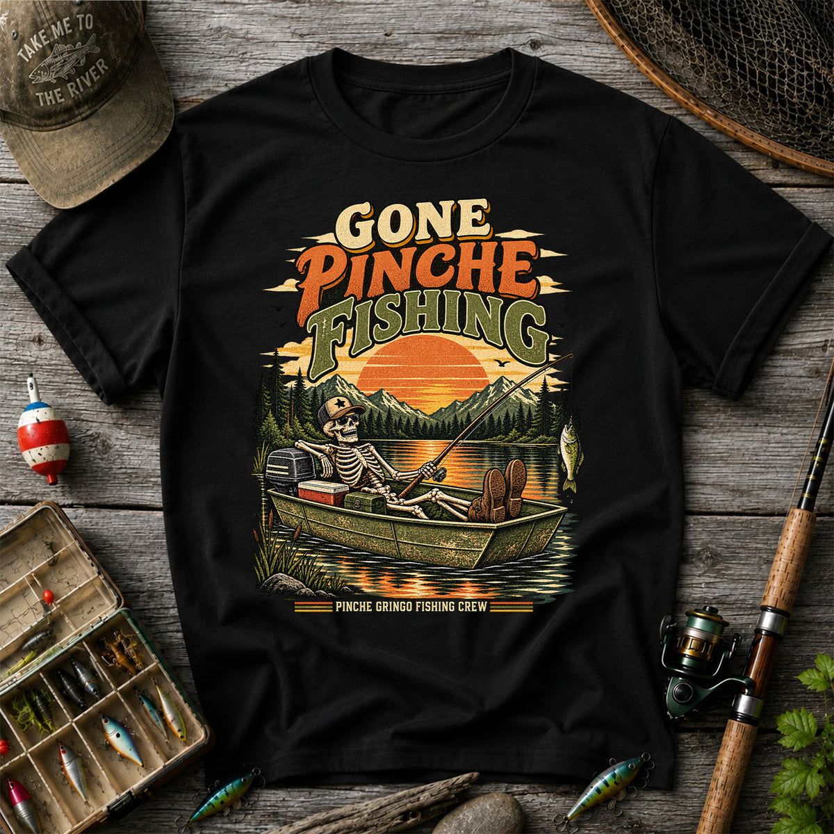 Gone Pinche Fishing Skeleton in a Boat Retro Graphic T-Shirt
