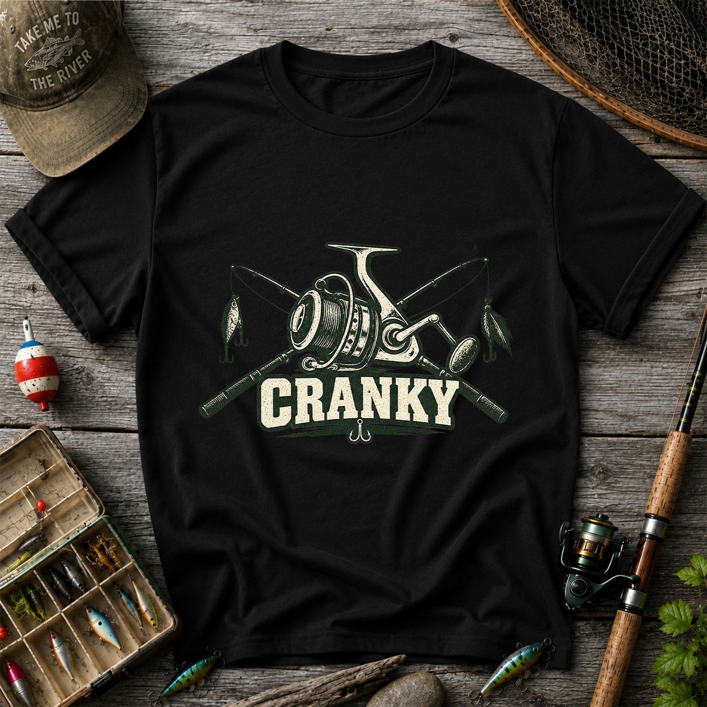 Cranky Fishing Reel and Crossed Rods Graphic T-Shirt