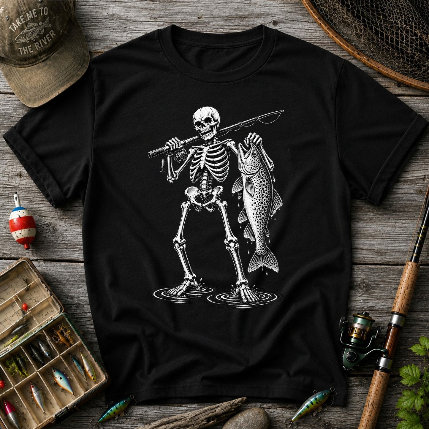 Skeleton Angler Holding a Trout Fishing Graphic T-Shirt