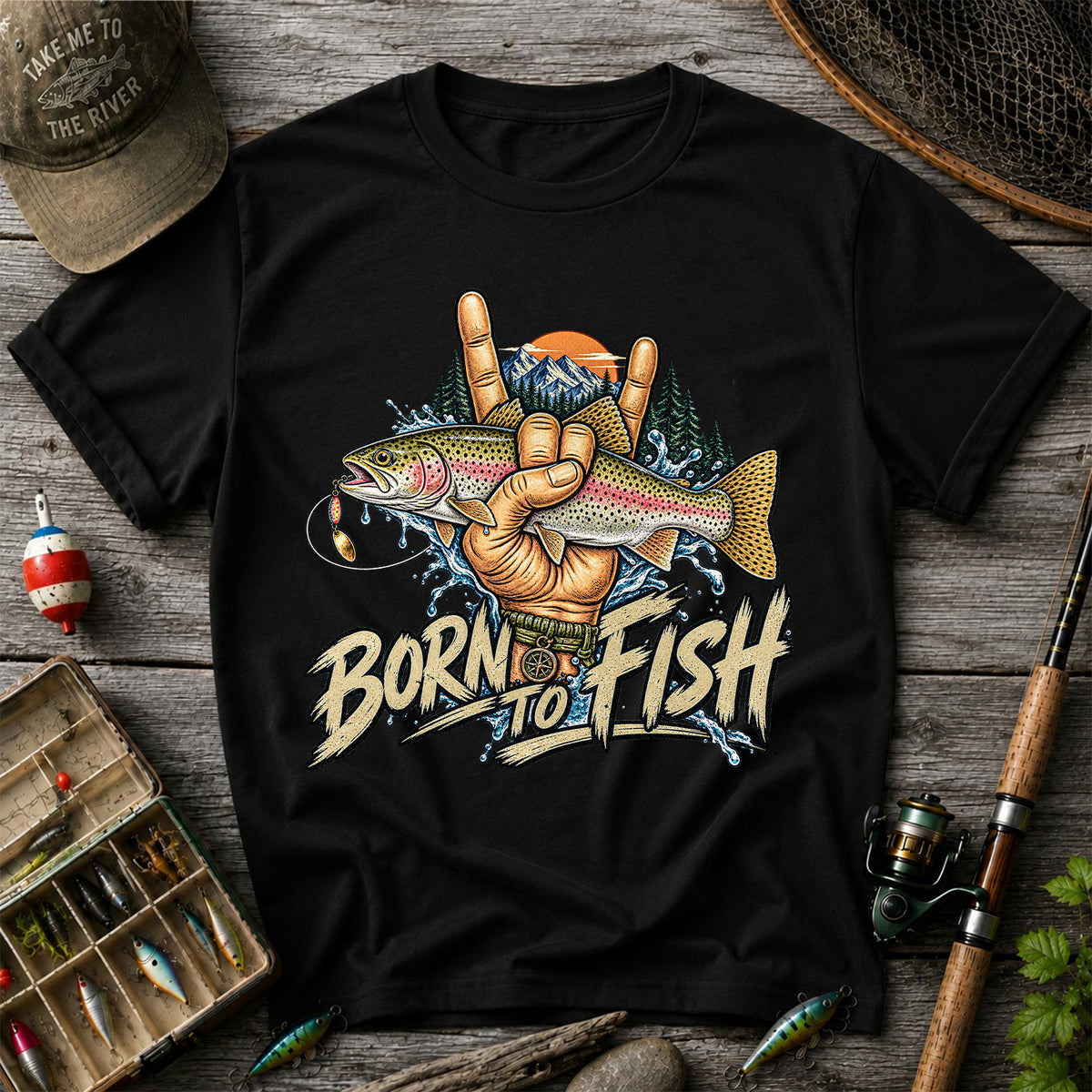Born to Fish Rainbow Trout Rock Hand Sign Fishing T-Shirt