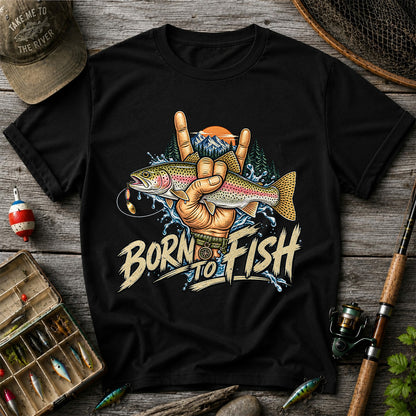 Born to Fish Rainbow Trout Rock Hand Sign Fishing T-Shirt