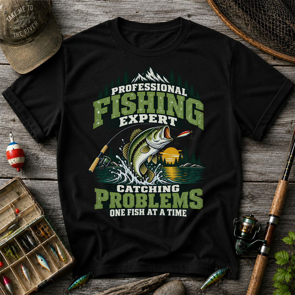 Professional Fishing Expert Catching Problems One Fish at a Time Bass T-Shirt