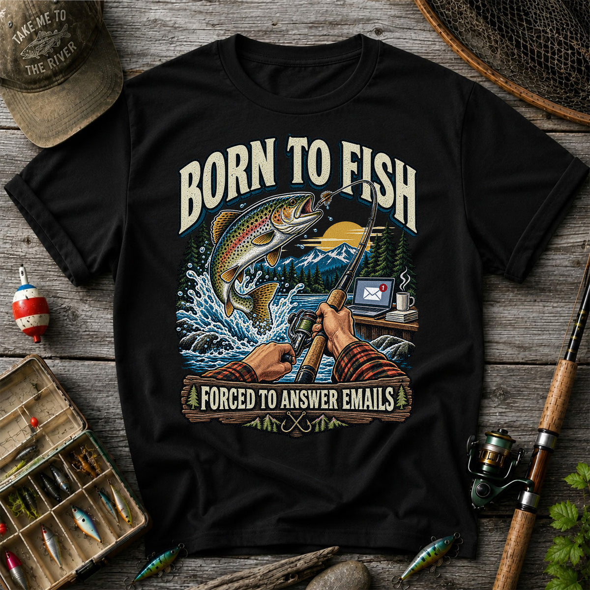 Born to Fish Forced to Answer Emails Rainbow Trout Fishing T-Shirt