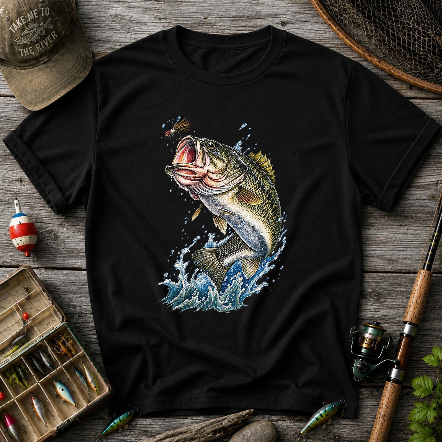 Largemouth Bass Leaping for a Fly Fishing Graphic T-Shirt