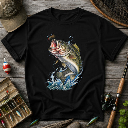 Largemouth Bass Leaping for a Fly Fishing Graphic T-Shirt