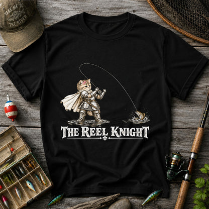 The Reel Knight Cat in Armor Funny Fishing Graphic T-Shirt