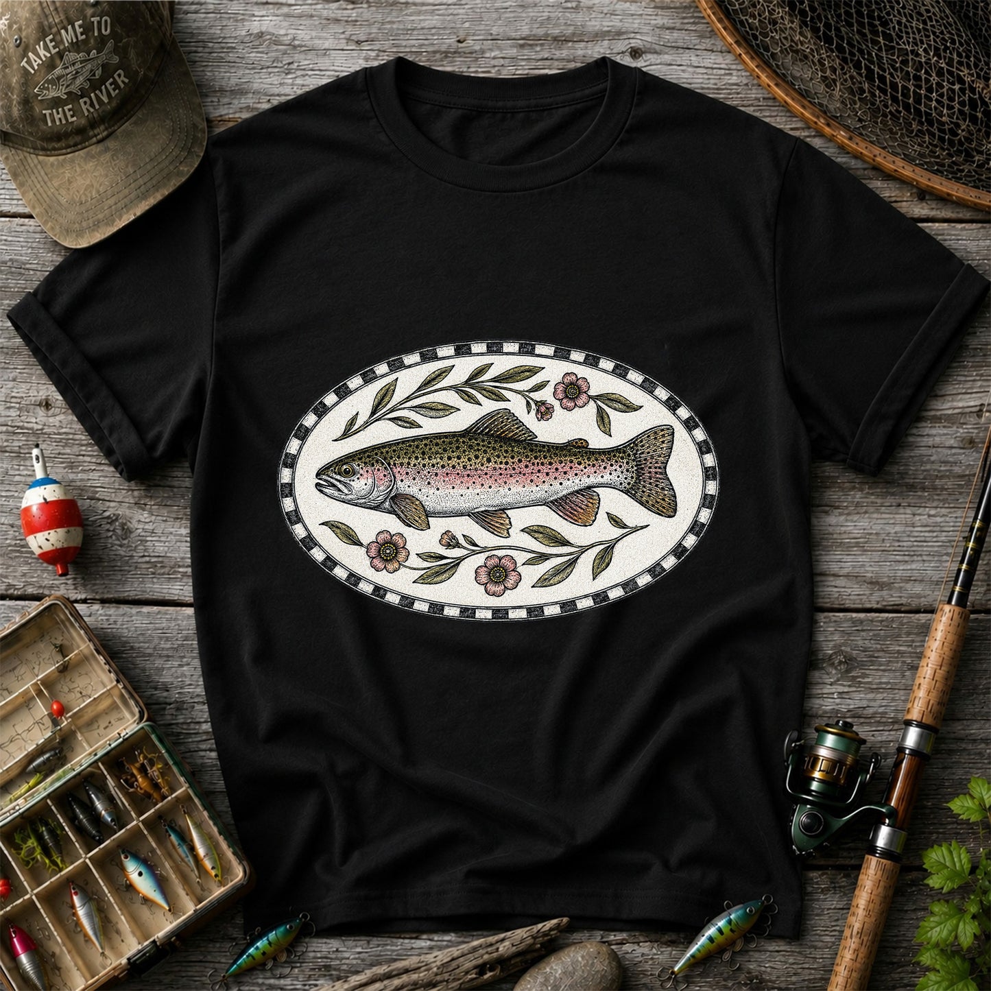 Vintage Floral Rainbow Trout Fishing Graphic T-Shirt