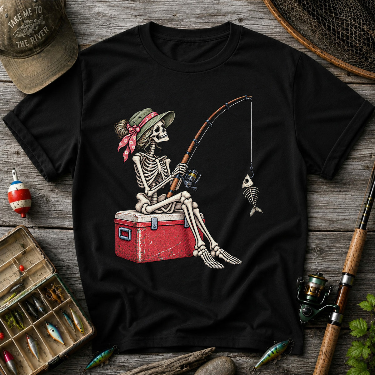 Skeleton Woman Fishing on a Cooler with Fish Bones Graphic T-Shirt