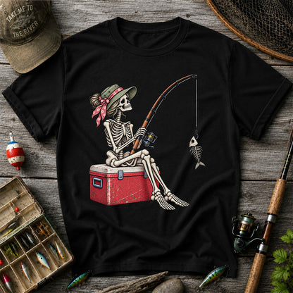 Skeleton Woman Fishing on a Cooler with Fish Bones Graphic T-Shirt