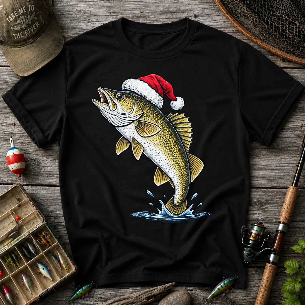 Santa Hat Walleye Christmas Fishing Graphic T-Shirt
