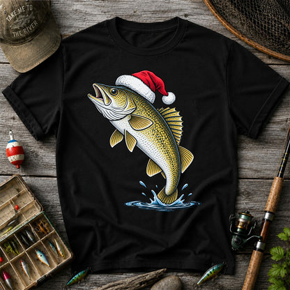 Santa Hat Walleye Christmas Fishing Graphic T-Shirt