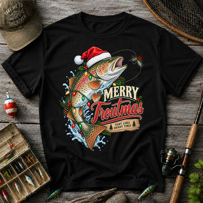 Merry Troutmas Tight Lines Bright Times Santa Hat Rainbow Trout Fishing T-Shirt