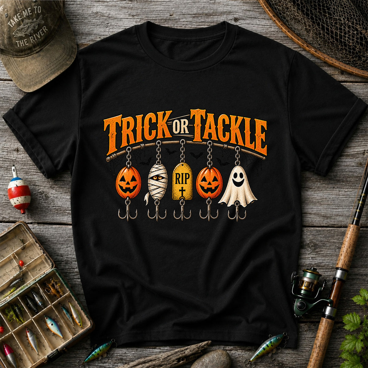 Trick or Tackle Pumpkin Ghost and Mummy Fishing Lures Halloween T-Shirt