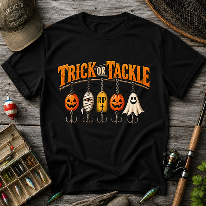 Trick or Tackle Pumpkin Ghost and Mummy Fishing Lures Halloween T-Shirt