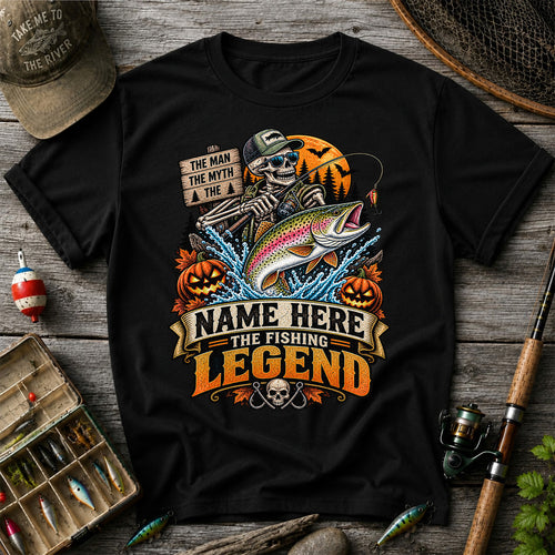 The Man The Myth The Fishing Legend Name Here Halloween Skeleton Rainbow Trout T-Shirt
