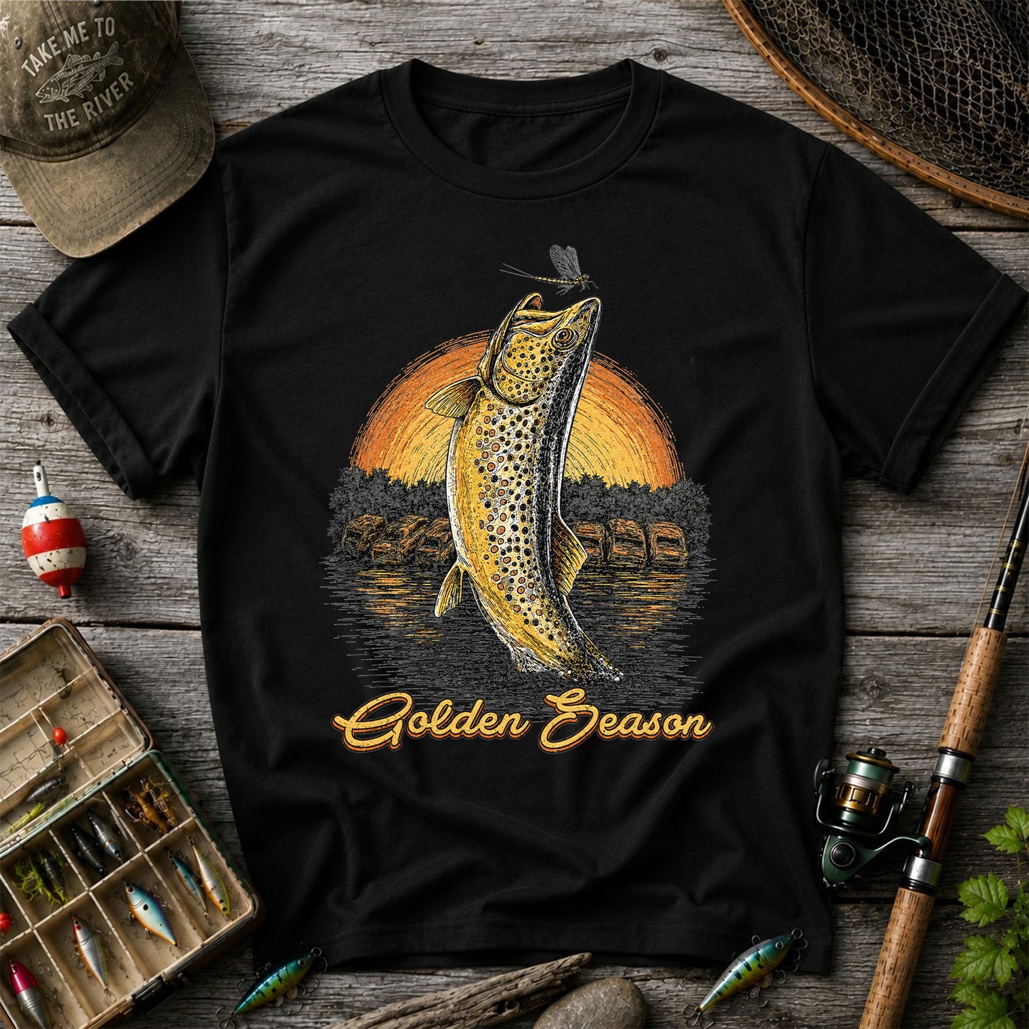 Golden Season Jumping Trout Sunset Fishing Graphic T-Shirt