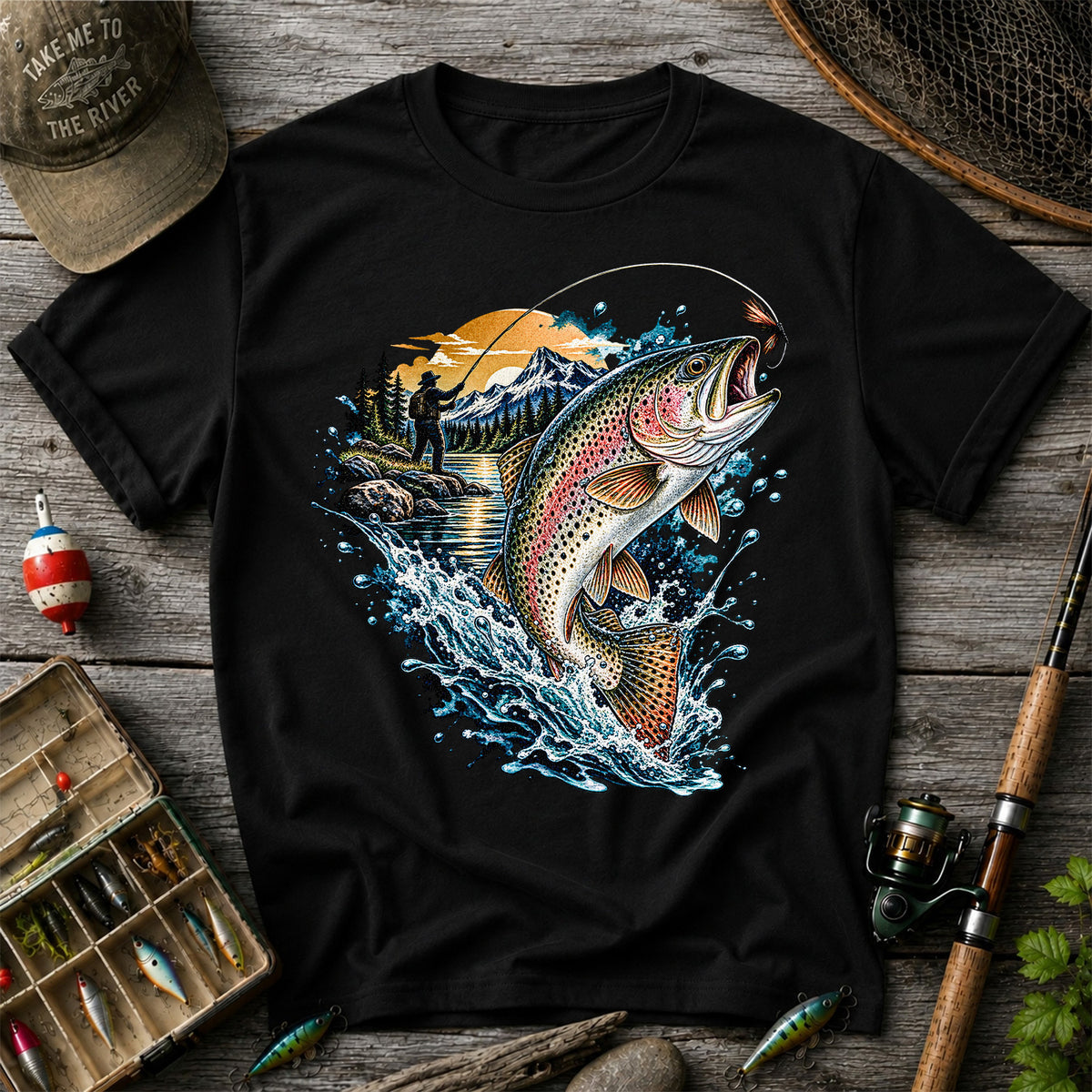 Leaping Rainbow Trout Mountain River Fly Fishing Graphic T-Shirt