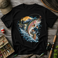 Leaping Rainbow Trout Mountain River Fly Fishing Graphic T-Shirt