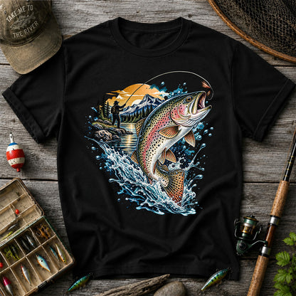 Leaping Rainbow Trout Mountain River Fly Fishing Graphic T-Shirt