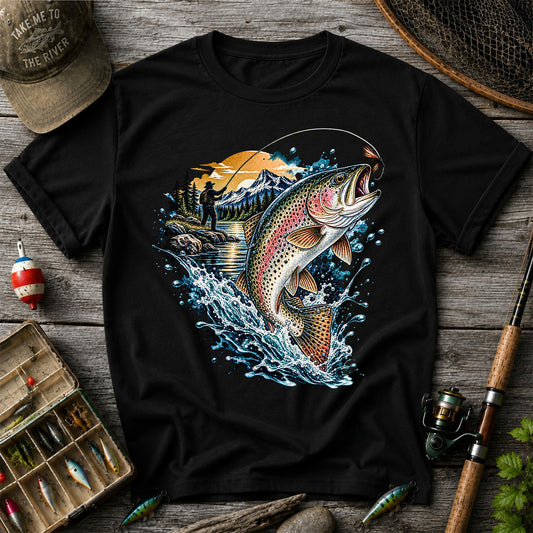 Leaping Rainbow Trout Mountain River Fly Fishing Graphic T-Shirt