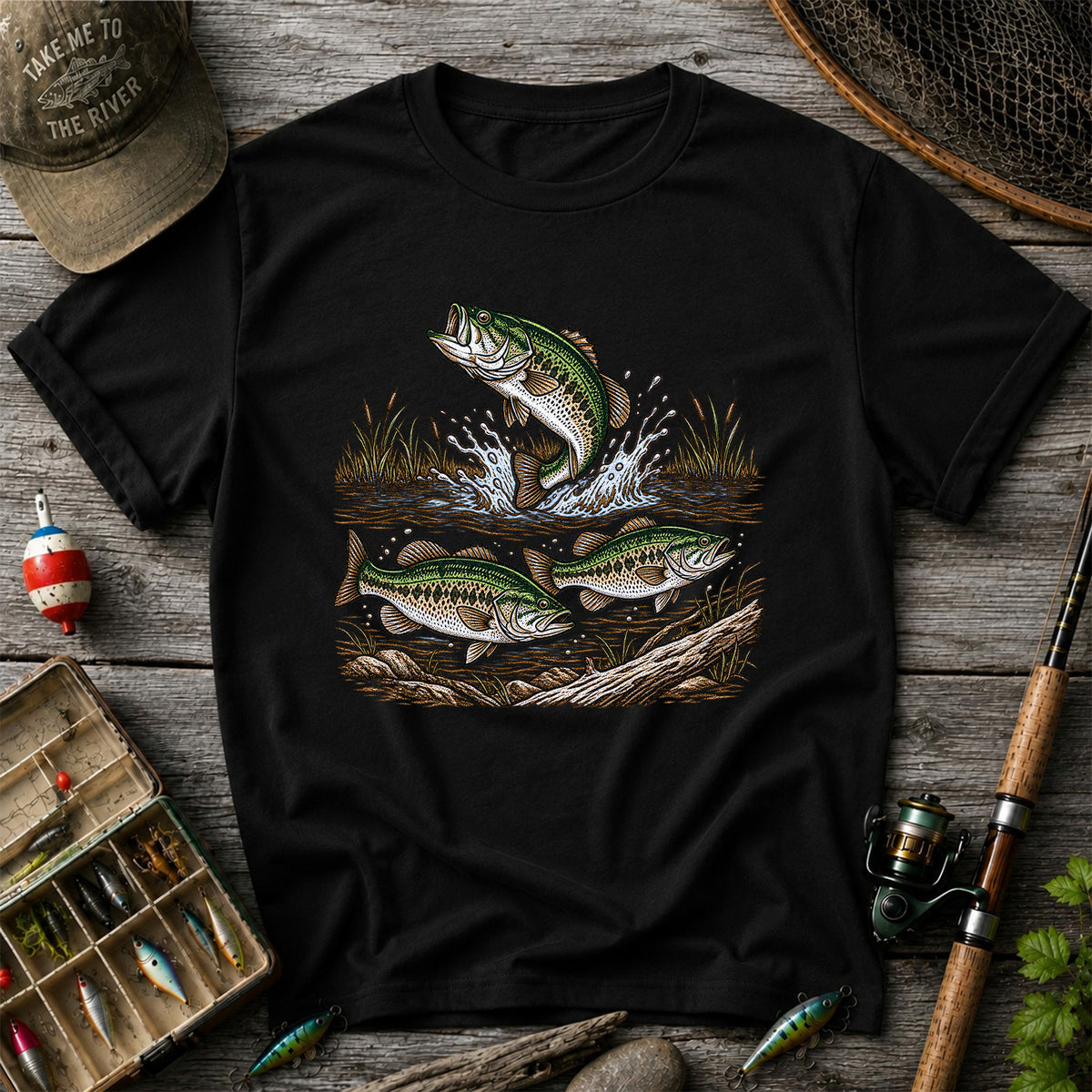 Largemouth Bass Jumping River Fishing Graphic T-Shirt