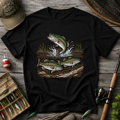 Largemouth Bass Jumping River Fishing Graphic T-Shirt