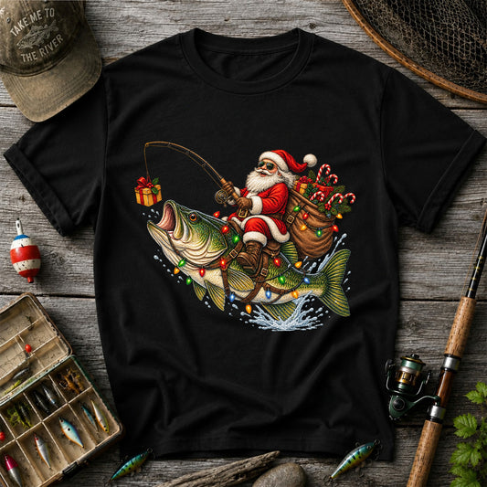 Santa Riding a Largemouth Bass Christmas Fishing Graphic T-Shirt