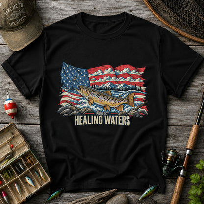 Healing Waters American Flag Brown Trout Fishing Graphic T-Shirt
