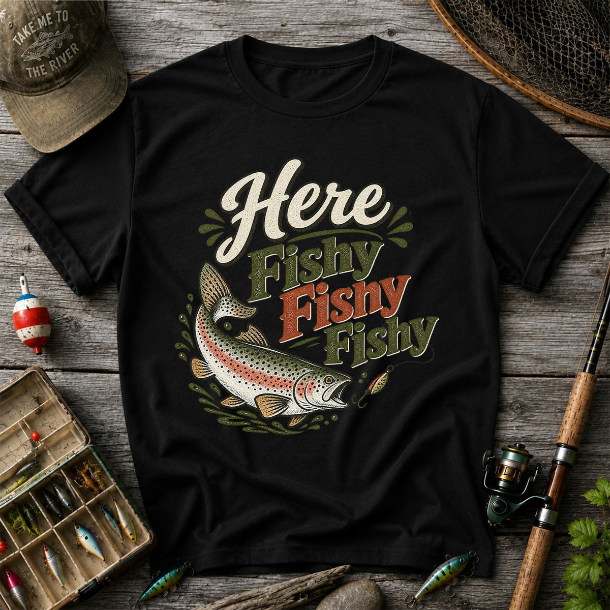Here Fishy Fishy Rainbow Trout Fishing T-Shirt