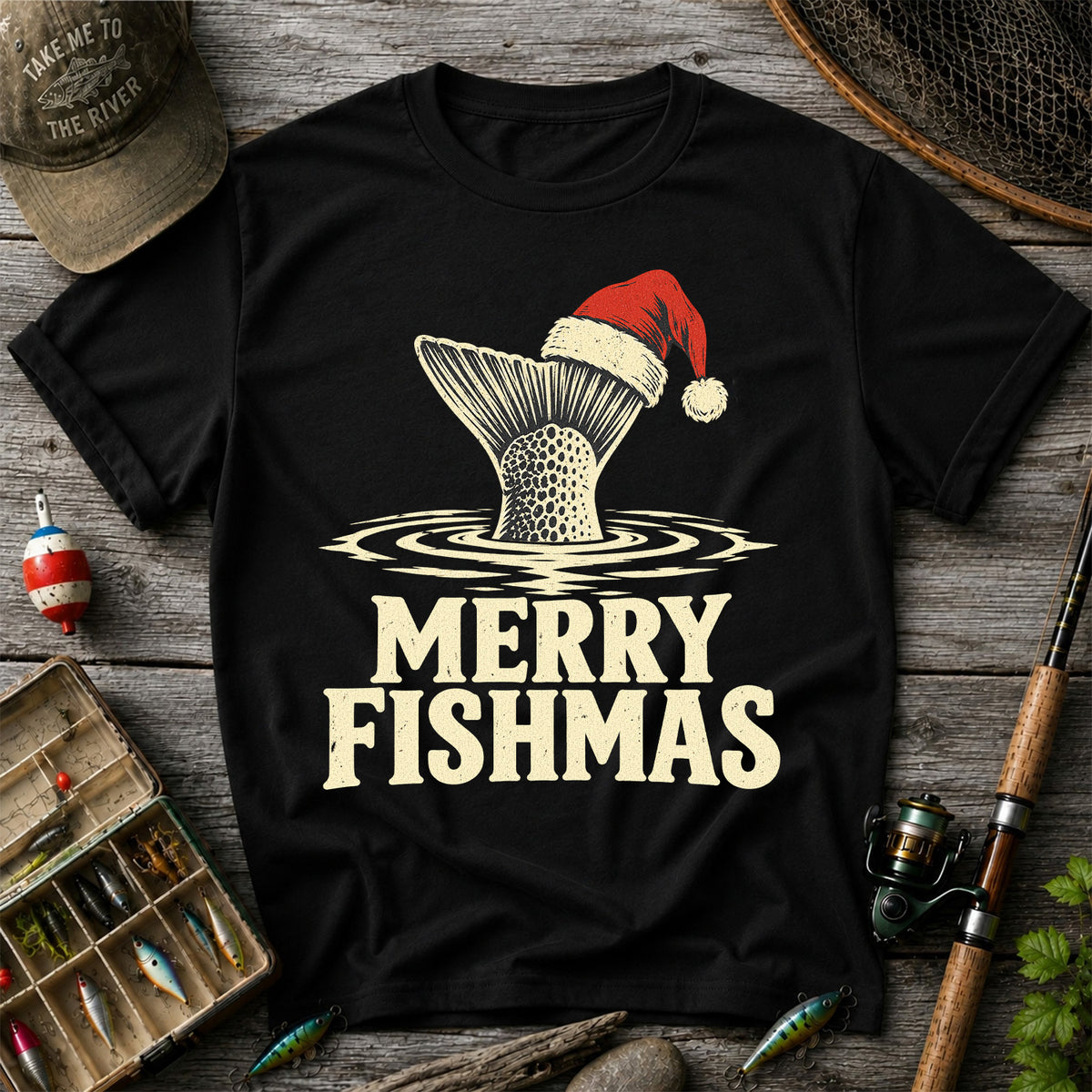 Merry Fishmas Santa Hat Trout Fishing Graphic T-Shirt