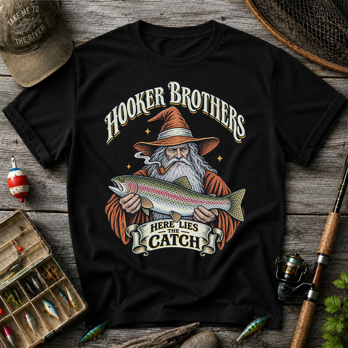 Hooker Brothers Here Lies the Catch Wizard Trout Fishing T-Shirt