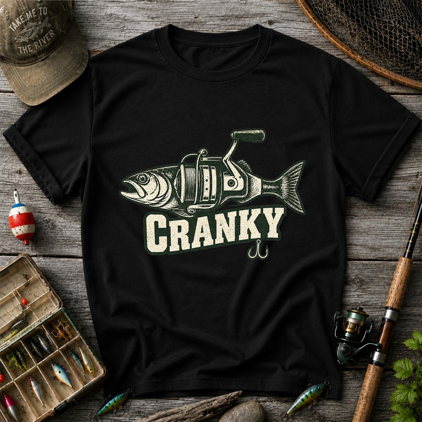 Cranky Fish and Spinning Reel Fishing Graphic T-Shirt
