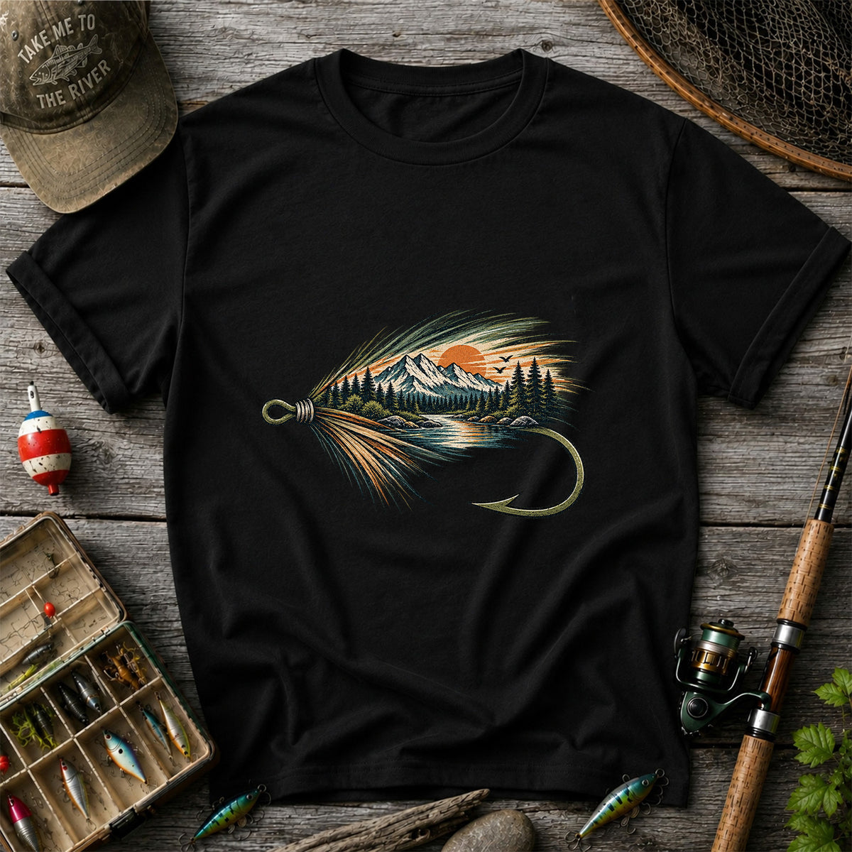 Mountain Lake Fly Fishing Hook Graphic T-Shirt